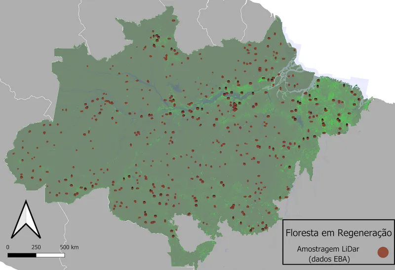 Figura 2: Localização dos transectos sobrevoados por senores LiDAR para amostragem de florestas maduras e em regeneração pelo Projeto Estimativa de Biomassa da Amazônia - EBA/INPE.