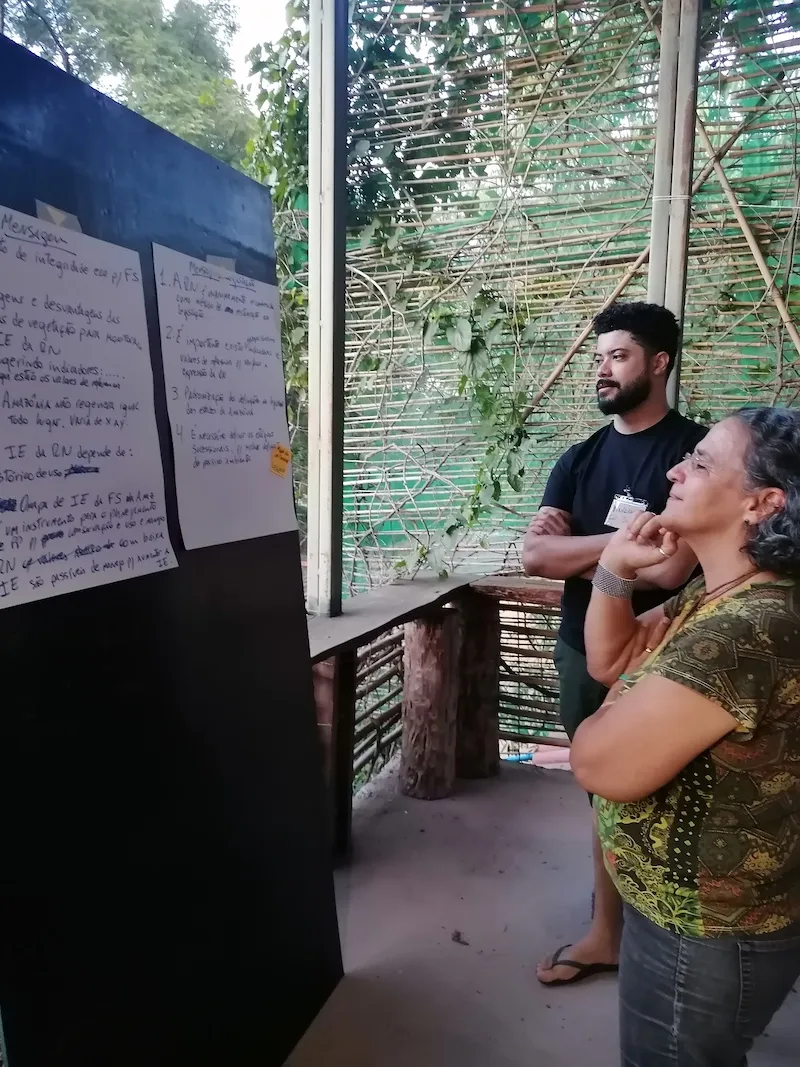 Coordenadora Rita Mesquita e Membro da Equipe Vínicius Peripato observando os encaminhamentos finais listados na oficina de fechamento do projeto Regenera. Abril de 2023, Pousada Bem Ecológico, Planaltina-DF.